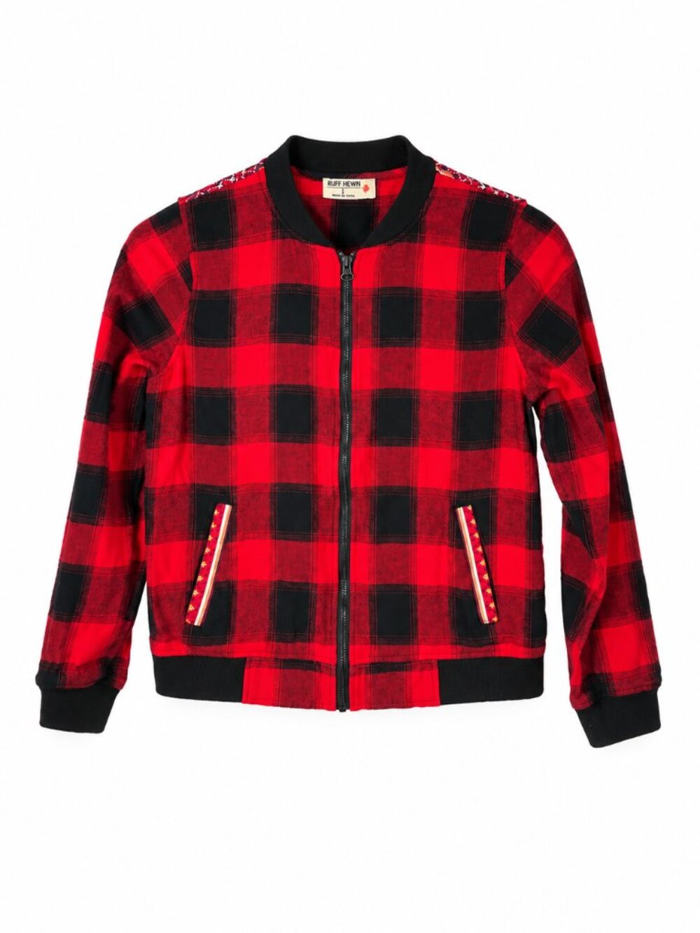 Ruff Hewn Jacket Womens Red Black Buffalo‎ Plaid Embroidered Bomber Size Small S